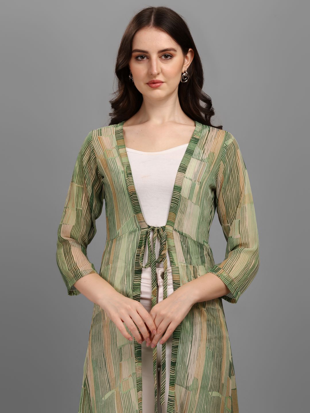 WOMEN PRINTED LONGLINE TIE-UP SHRUG - GREEN