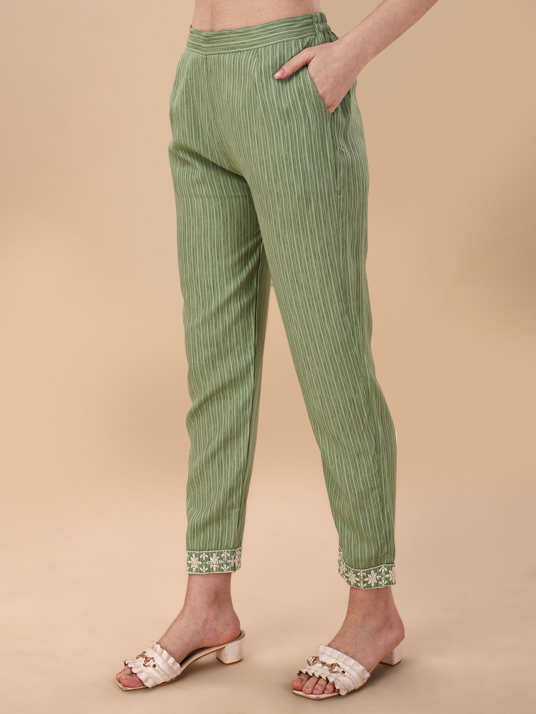 STRIPED PRINTED KURTI PANT SET-GREEN