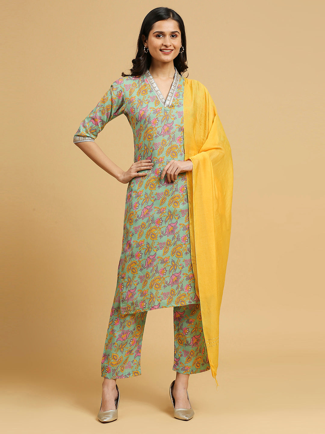 Embroidered Cotton Kurti, Pant, and Dupatta Set