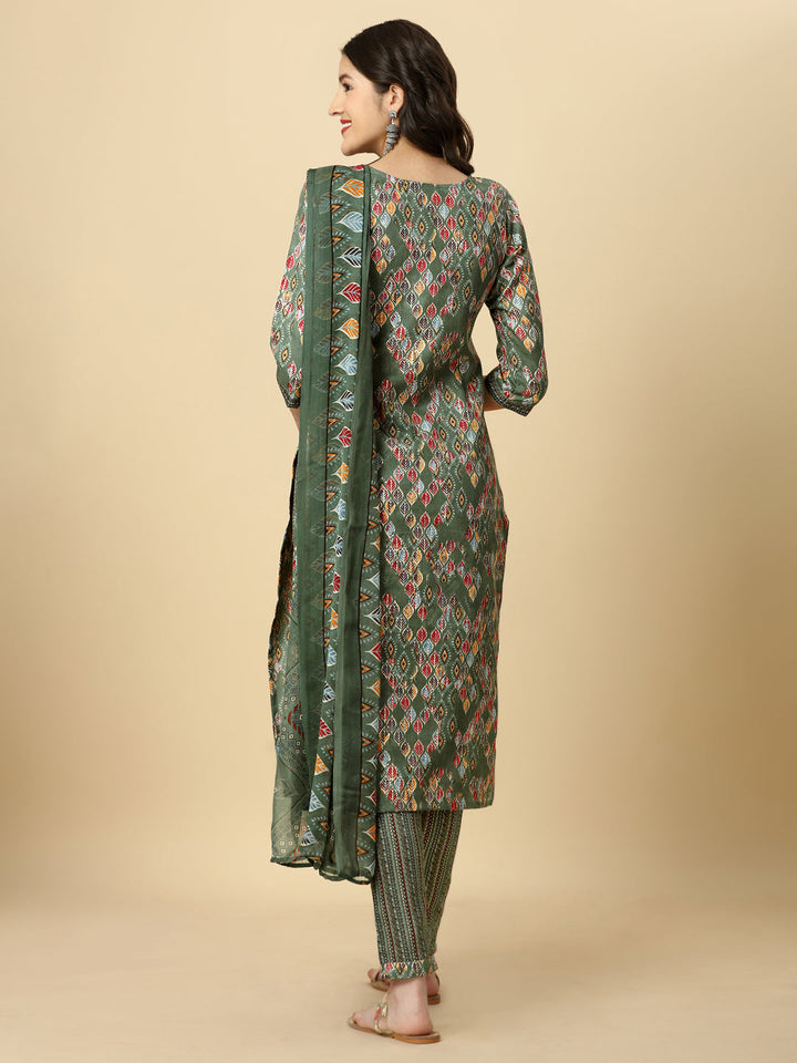 PRINTED KURTI PANT AND DUPATTA SET -GREEN