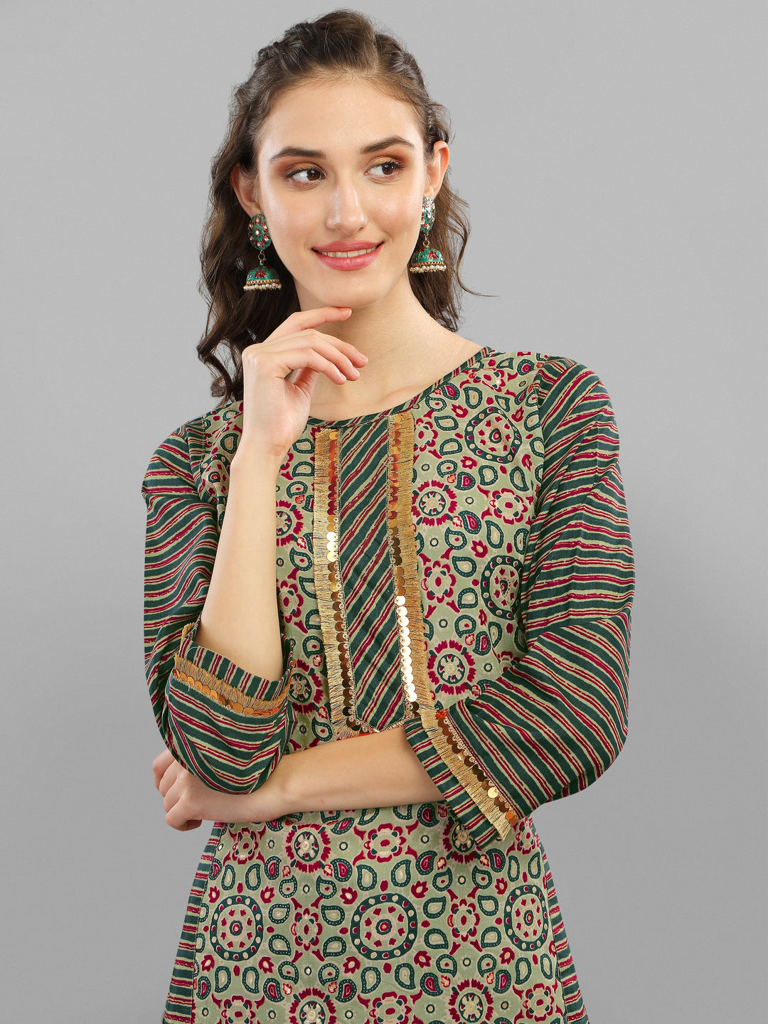 PRINTED KURTI, PANT & DUPATTA SET-GREEN