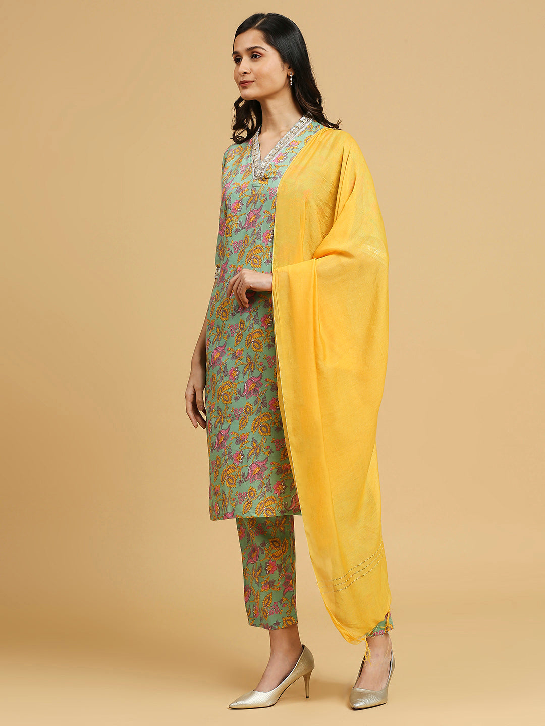 Embroidered Cotton Kurti, Pant, and Dupatta Set