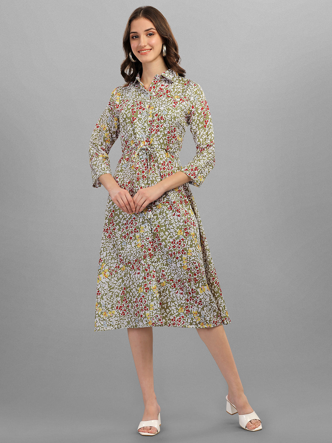 FLORAL PRINTED COLLAR MIDI DRESS - GREEN