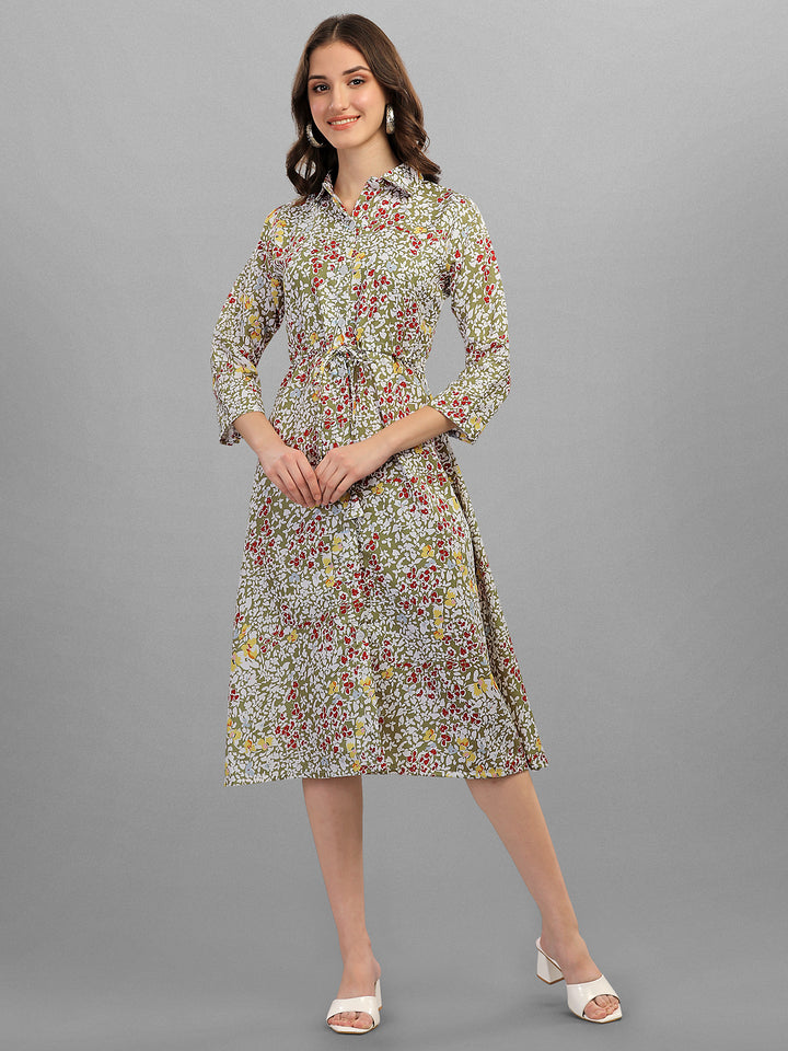 FLORAL PRINTED COLLAR MIDI DRESS - GREEN