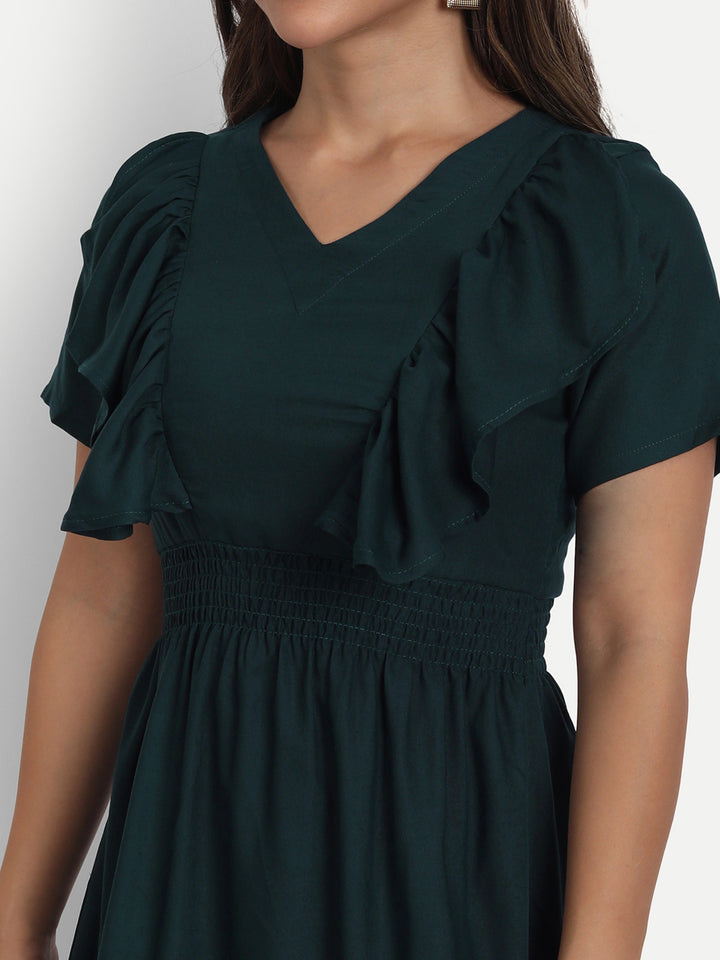 SOLID SHORT DRESS WITH RUFFLE - GREEN