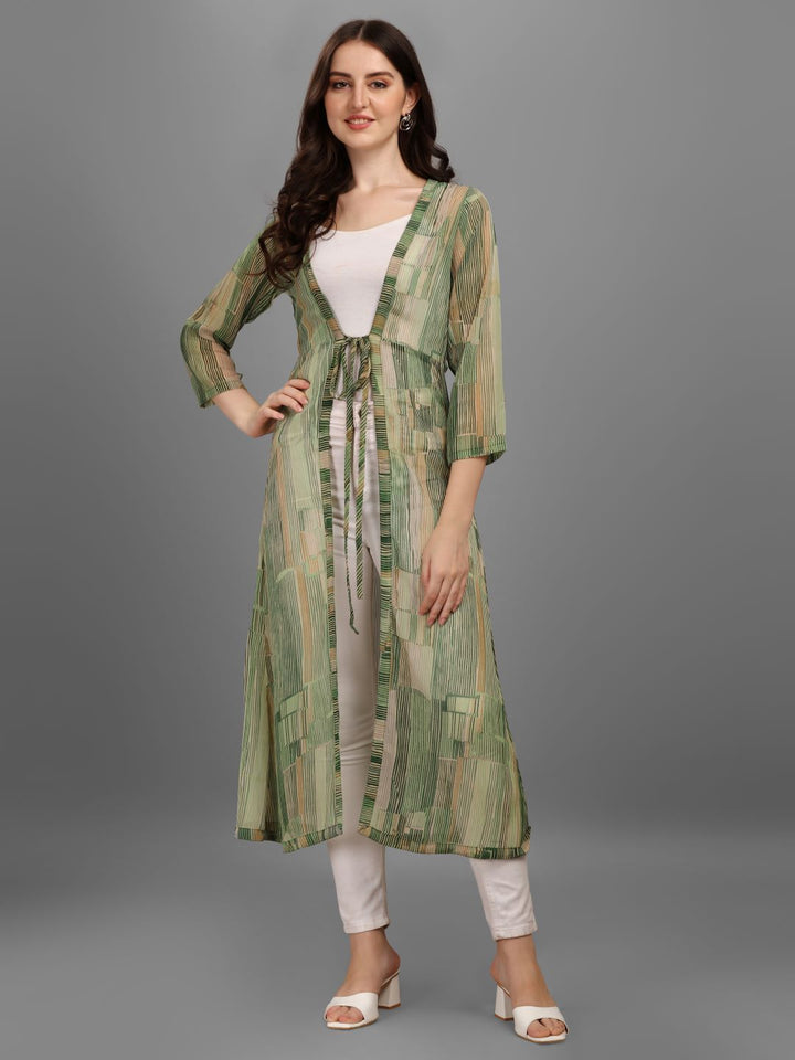 WOMEN PRINTED LONGLINE TIE-UP SHRUG - GREEN