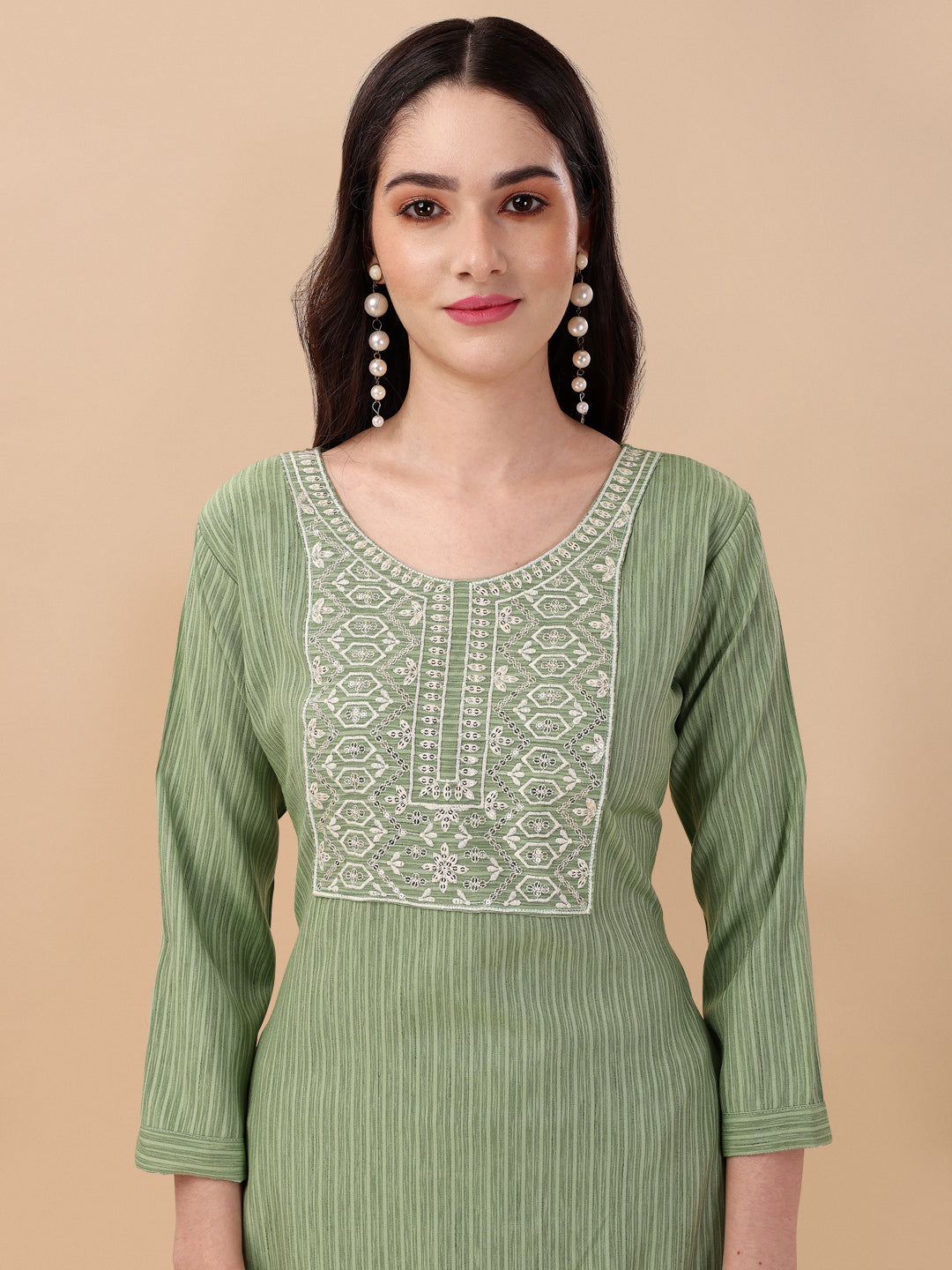 STRIPED PRINTED KURTI PANT SET-GREEN