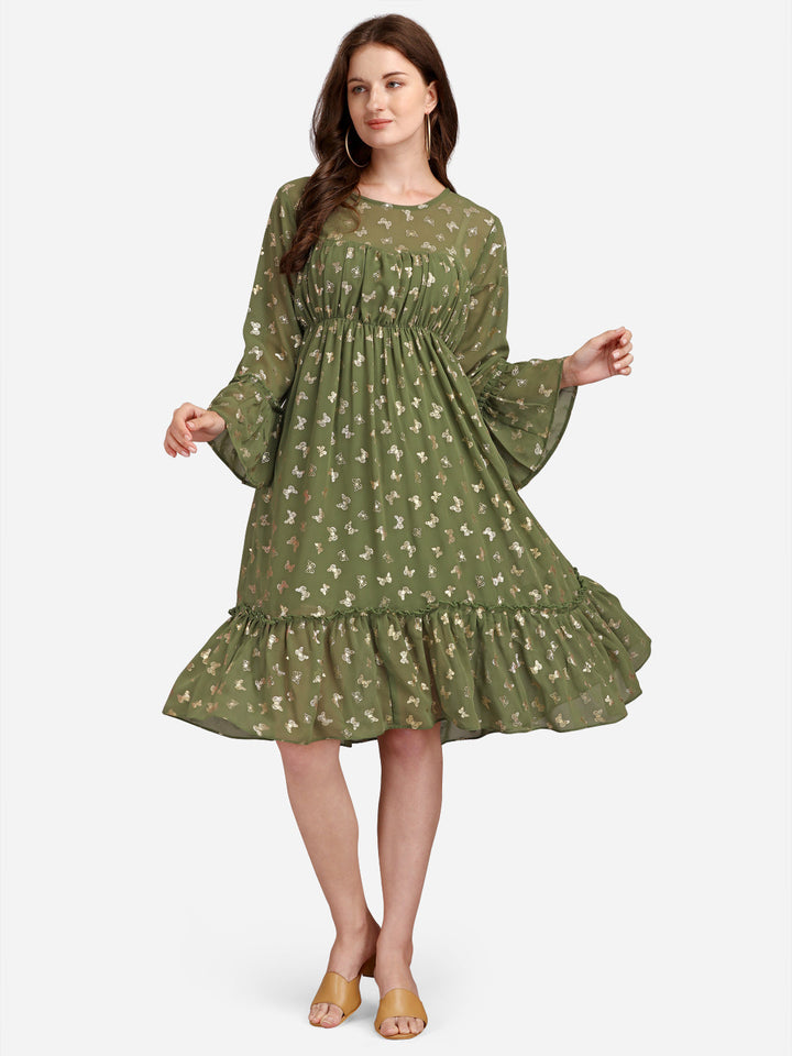 FLORAL GEORGETTE EMPIRE MIDI DRESS - GREEN