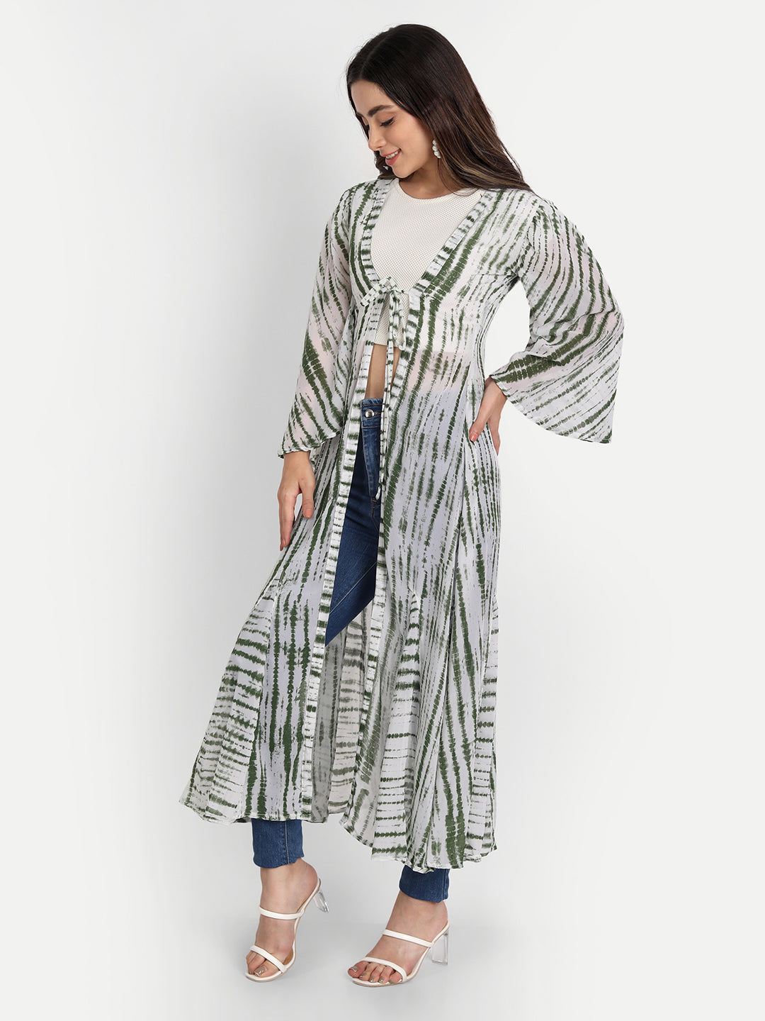 SHIBORI LONGLINE TIE-UPS SHRUG-GREEN