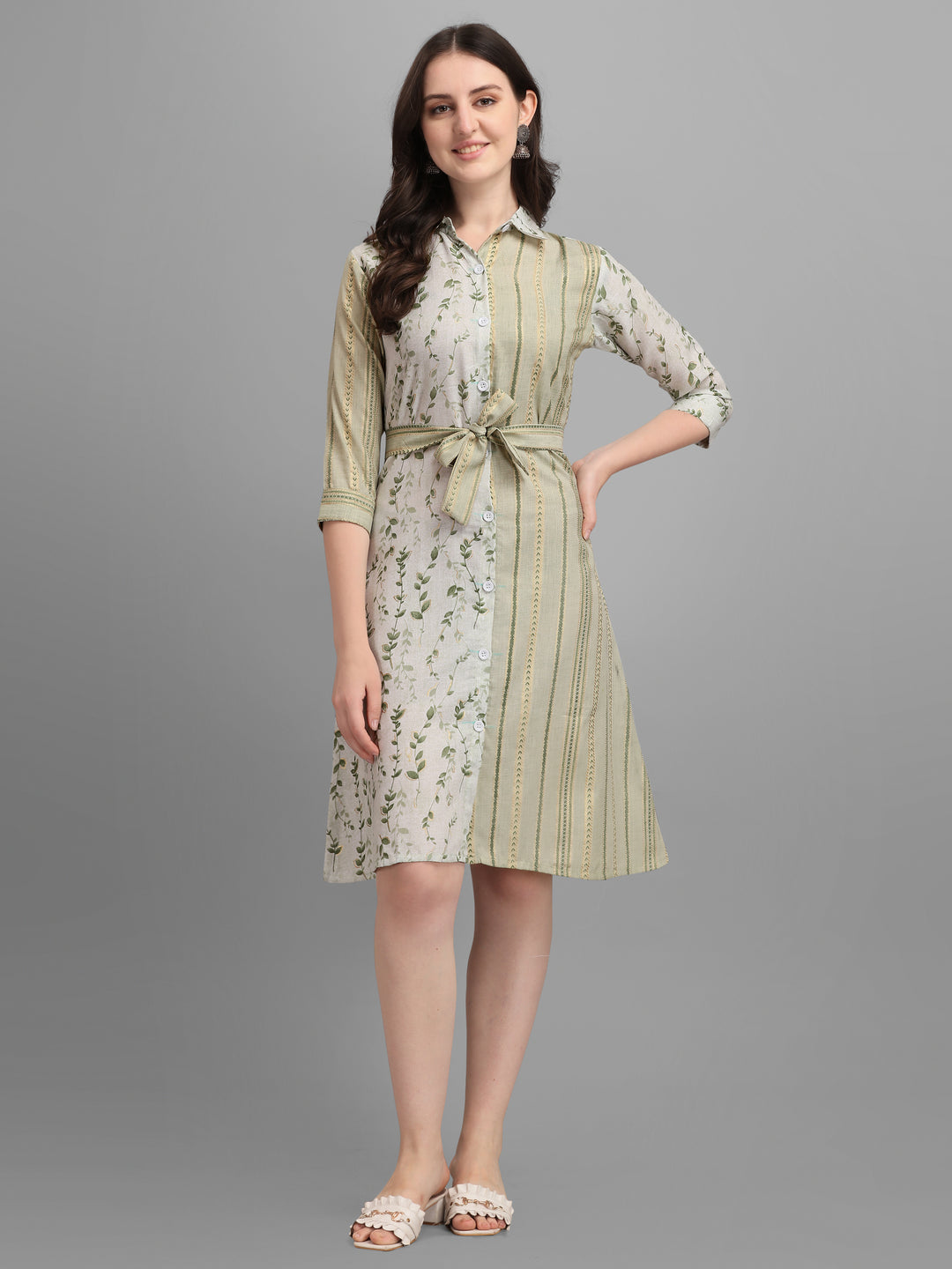 BEIGE SHIRT DRESS WITH TIE-UPS -GOLDEN