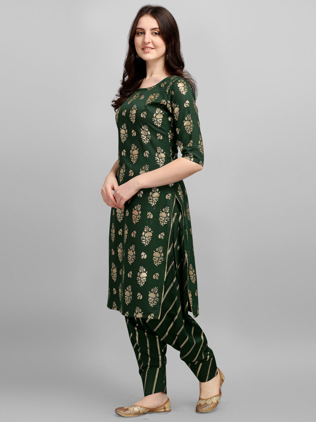 FOIL PRINTED KURTI SALAWAR SET-OLIVE GREEN