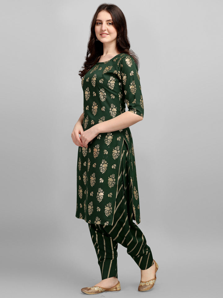 FOIL PRINTED KURTI SALAWAR SET-OLIVE GREEN