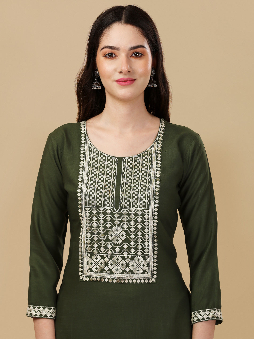 KURTI PANT SET WITH EMBROIDERY-GREEN