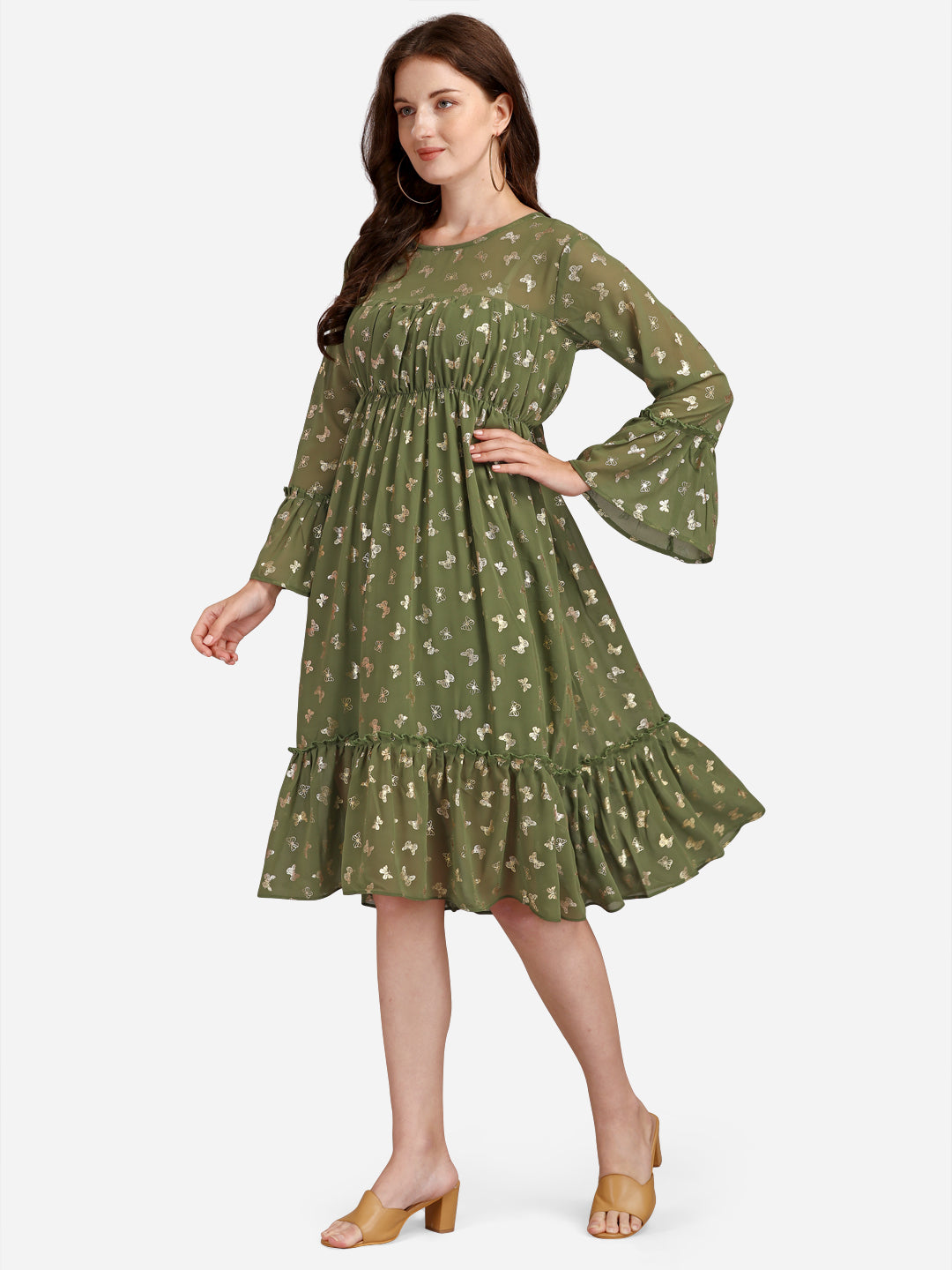 FLORAL GEORGETTE EMPIRE MIDI DRESS - GREEN