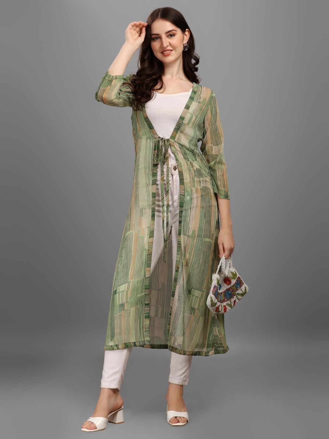 WOMEN PRINTED LONGLINE TIE-UP SHRUG - GREEN