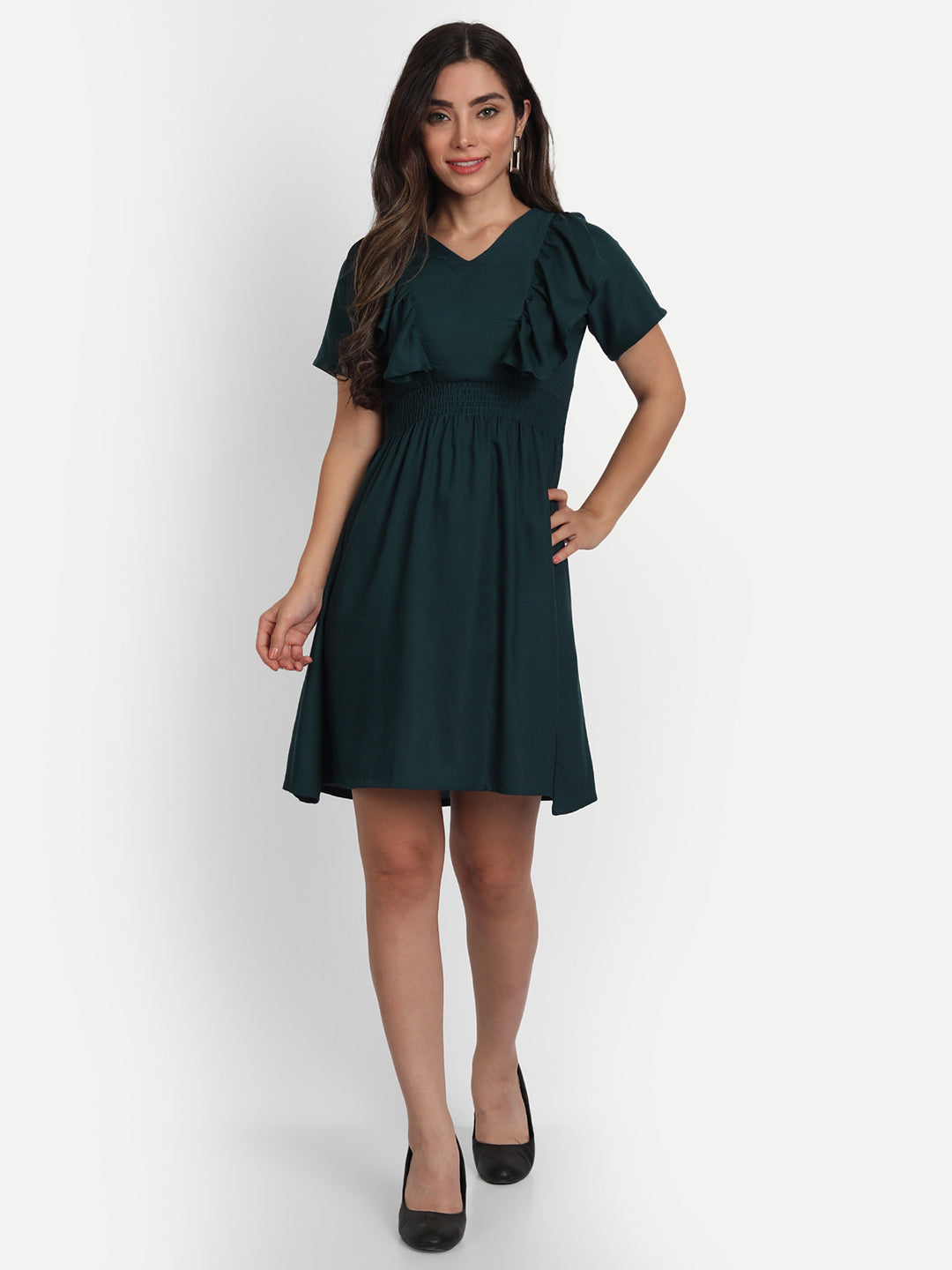 SOLID SHORT DRESS WITH RUFFLE-WINE