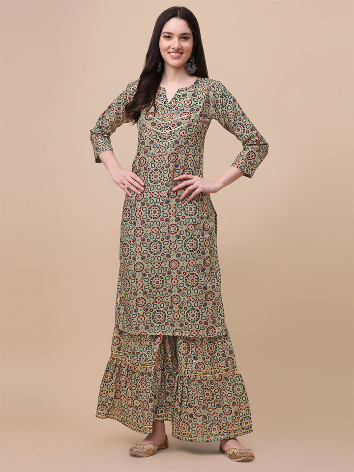 MULTI COLOR PRINTED SHARARA KURTI SET-GREEN