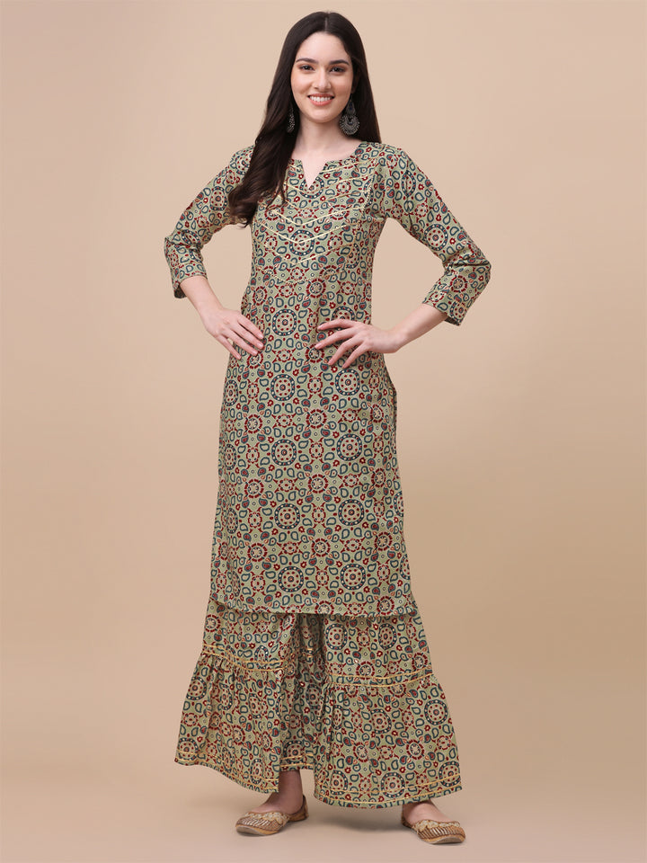 MULTI COLOR PRINTED SHARARA KURTI SET-BLUE