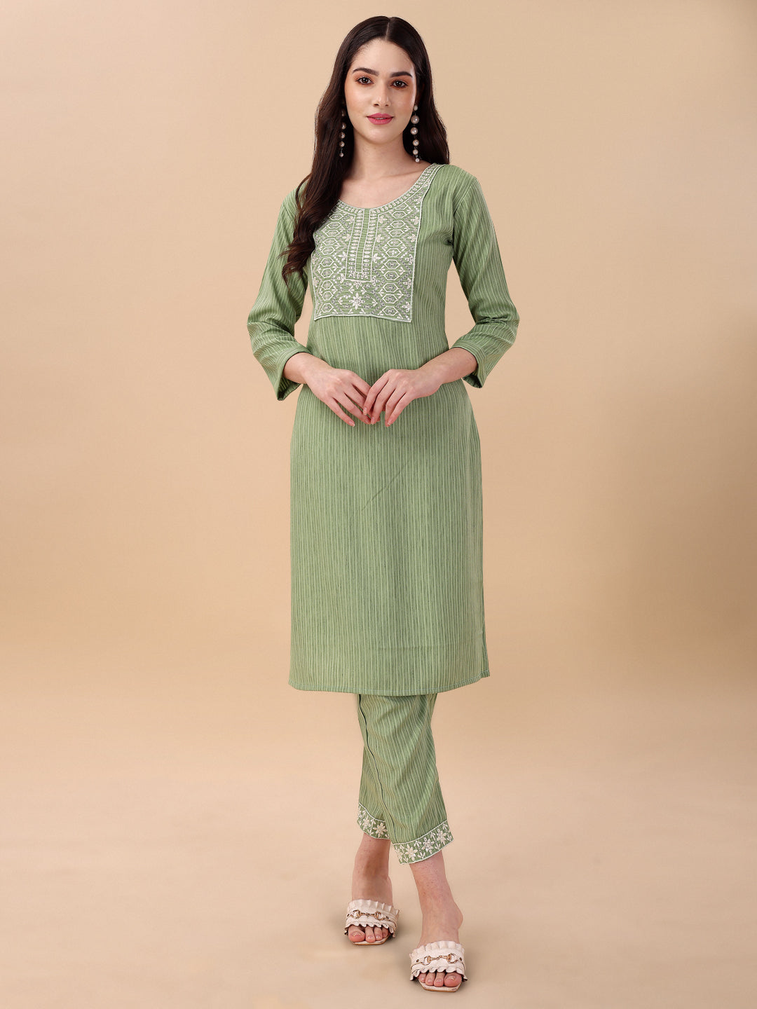 STRIPED PRINTED KURTI PANT SET-GREEN