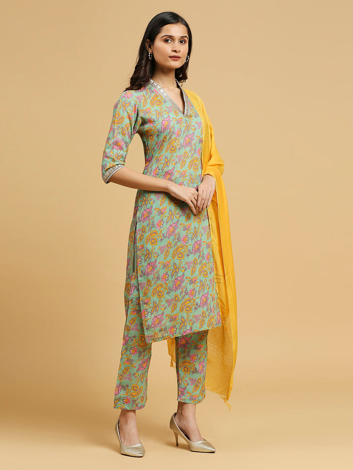 Embroidered Cotton Kurti, Pant, and Dupatta Set