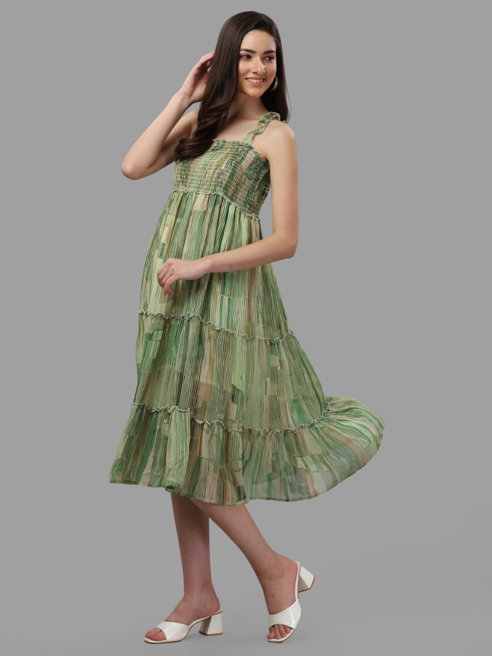 ABSTRACT PRINTED FANCY DRESS -GREEN