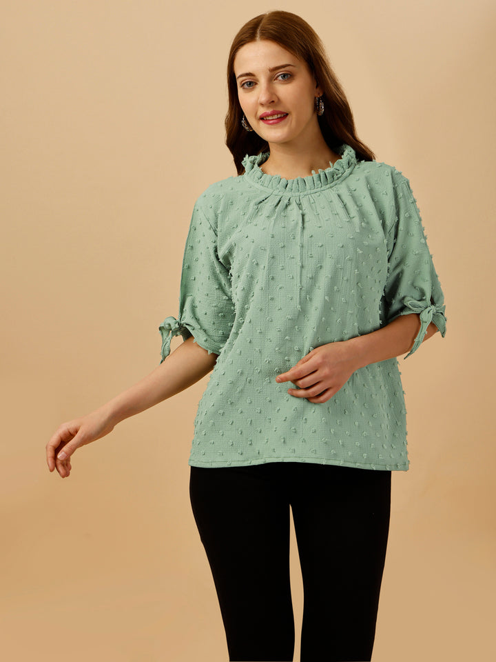 RUFFLE NECK PASTEL TOP-GREEN