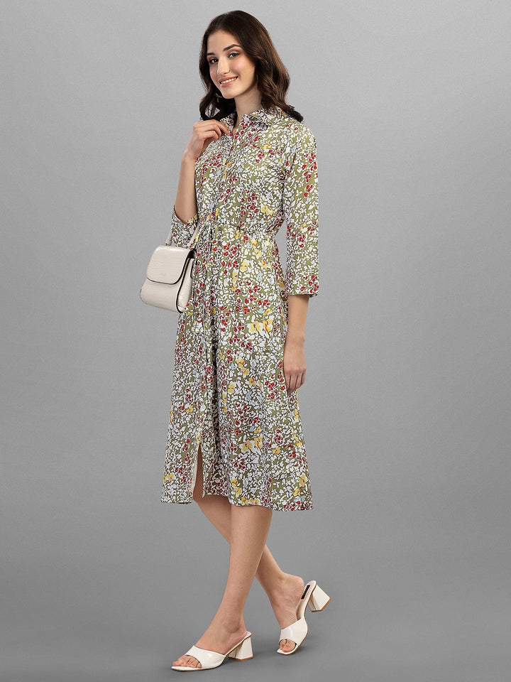 FLORAL PRINTED COLLAR MIDI DRESS - GREEN