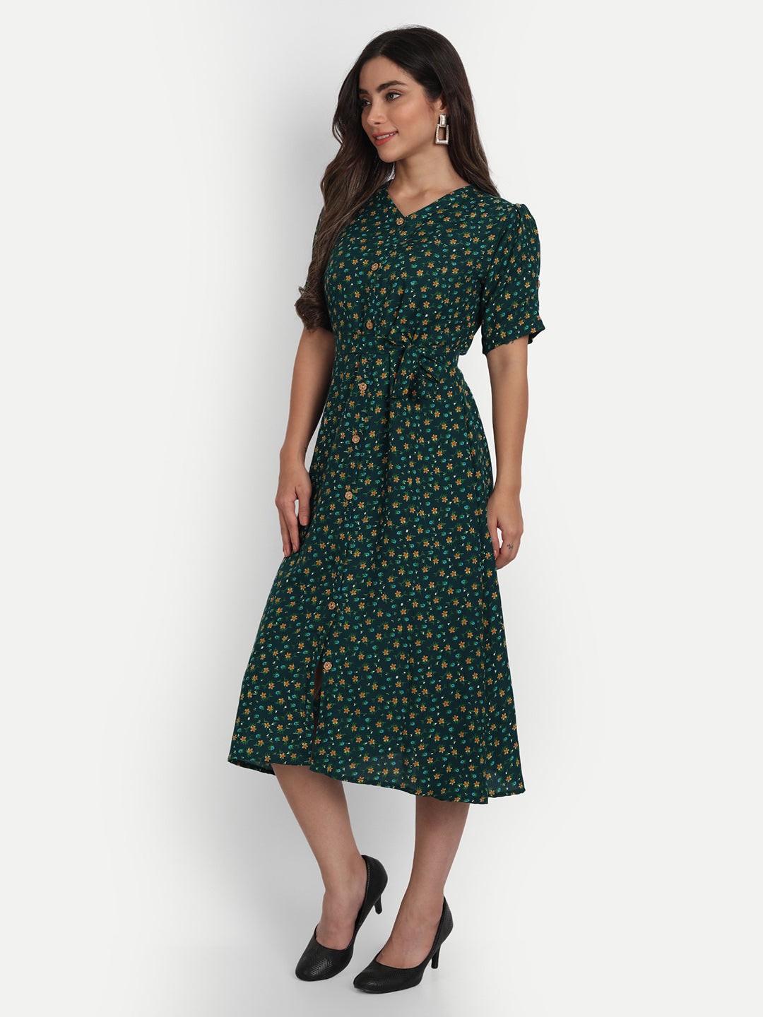 FLORAL PRINTED MIDI DRESS-GREEN