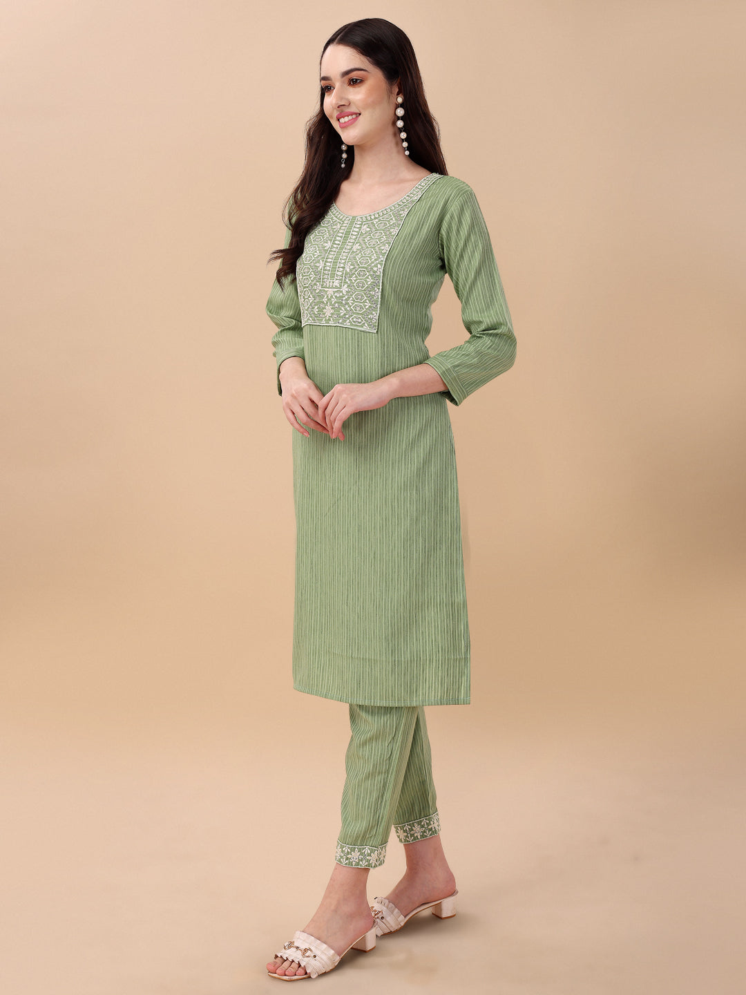 STRIPED PRINTED KURTI PANT SET-GREEN