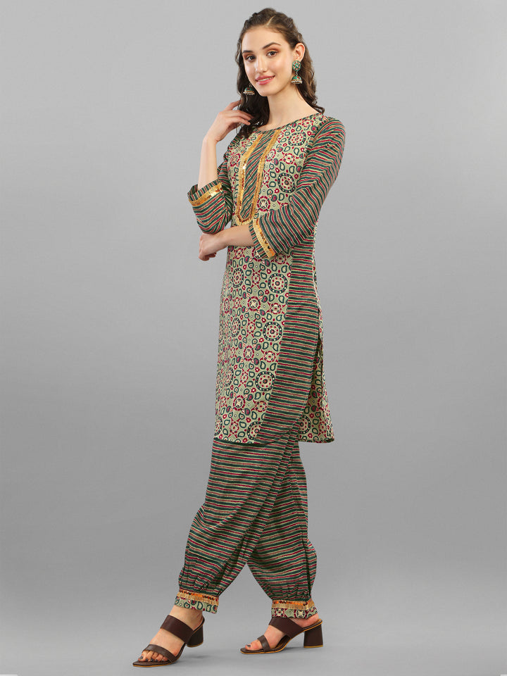 PRINTED KURTI, PANT & DUPATTA SET-BLUE