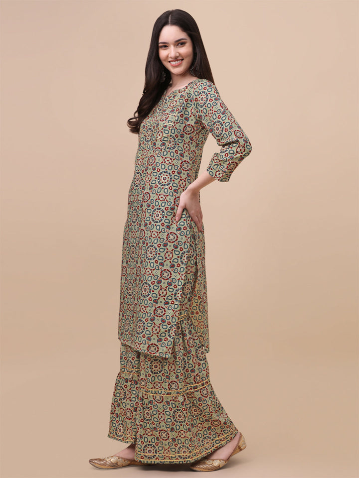 MULTI COLOR PRINTED SHARARA KURTI SET-GREEN