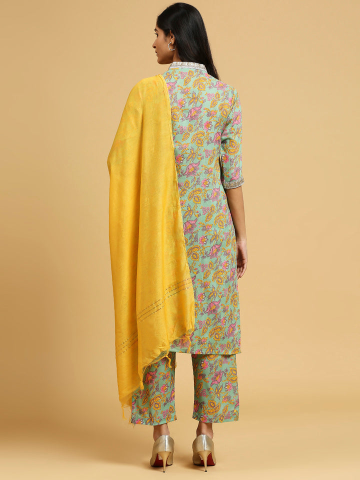 Embroidered Cotton Kurti, Pant, and Dupatta Set