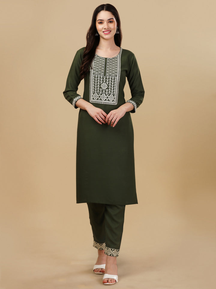 KURTI PANT SET WITH EMBROIDERY-DARK GREY