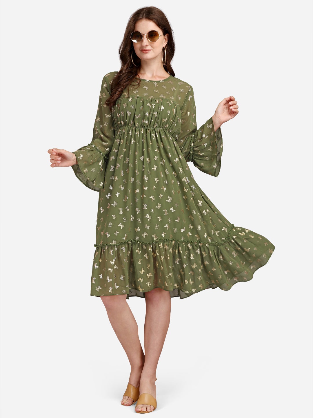 FLORAL GEORGETTE EMPIRE MIDI DRESS - GREEN