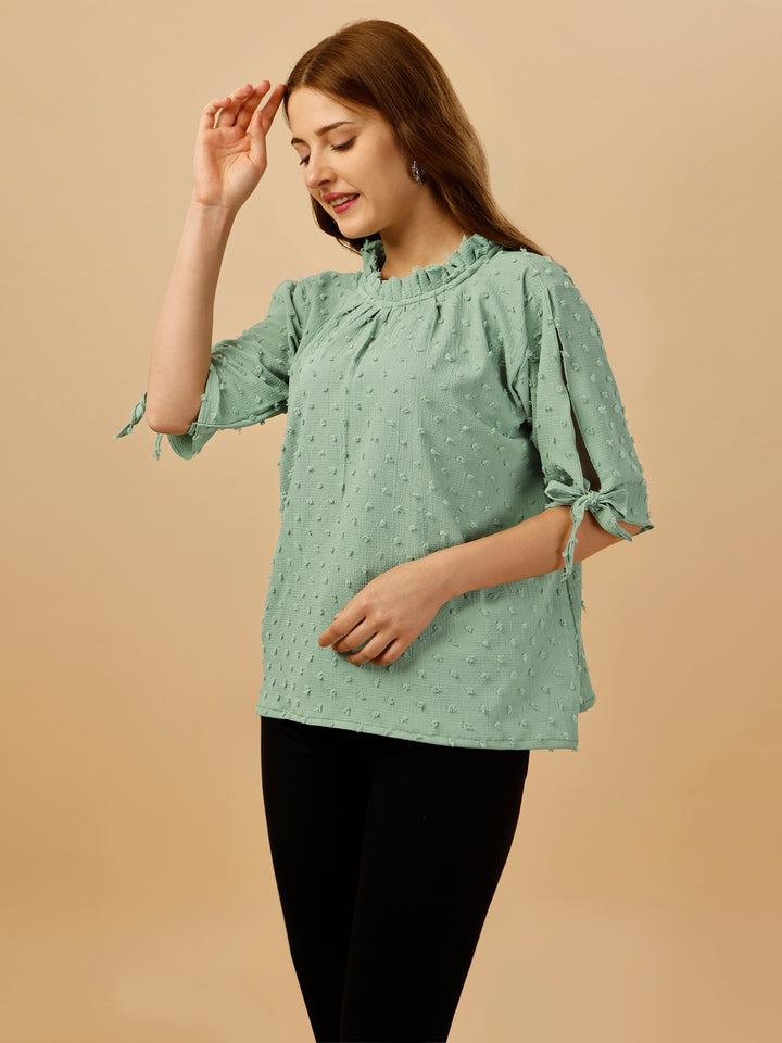 RUFFLE NECK PASTEL TOP-GREEN