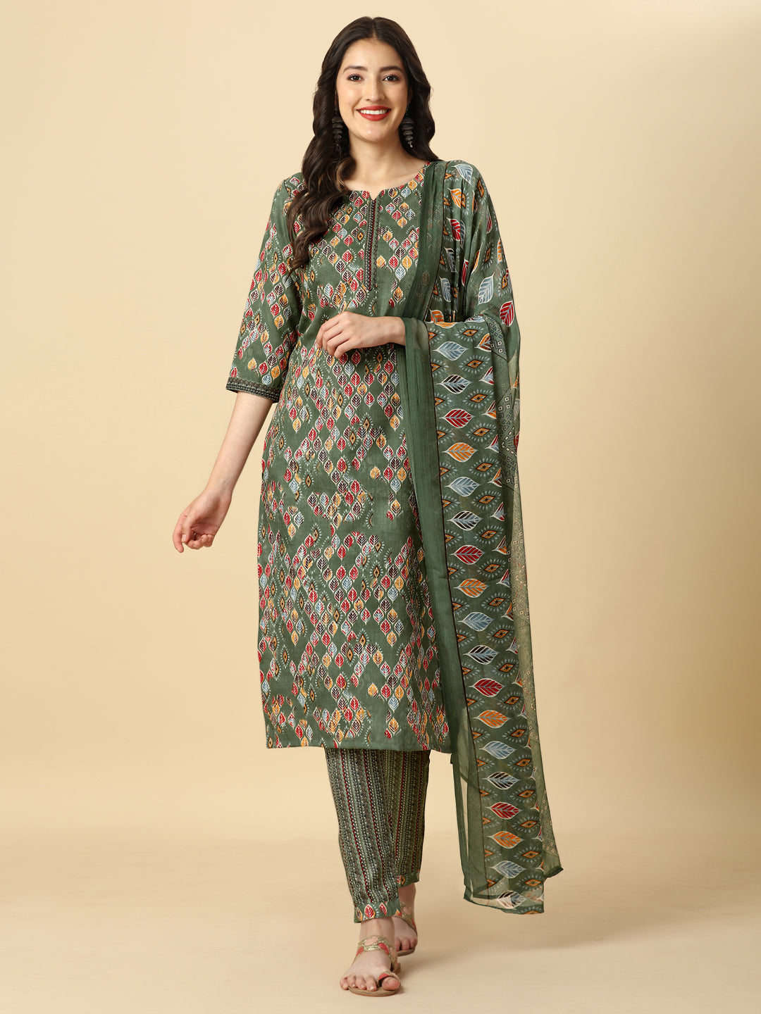 PRINTED KURTI PANT AND DUPATTA SET-BLACK