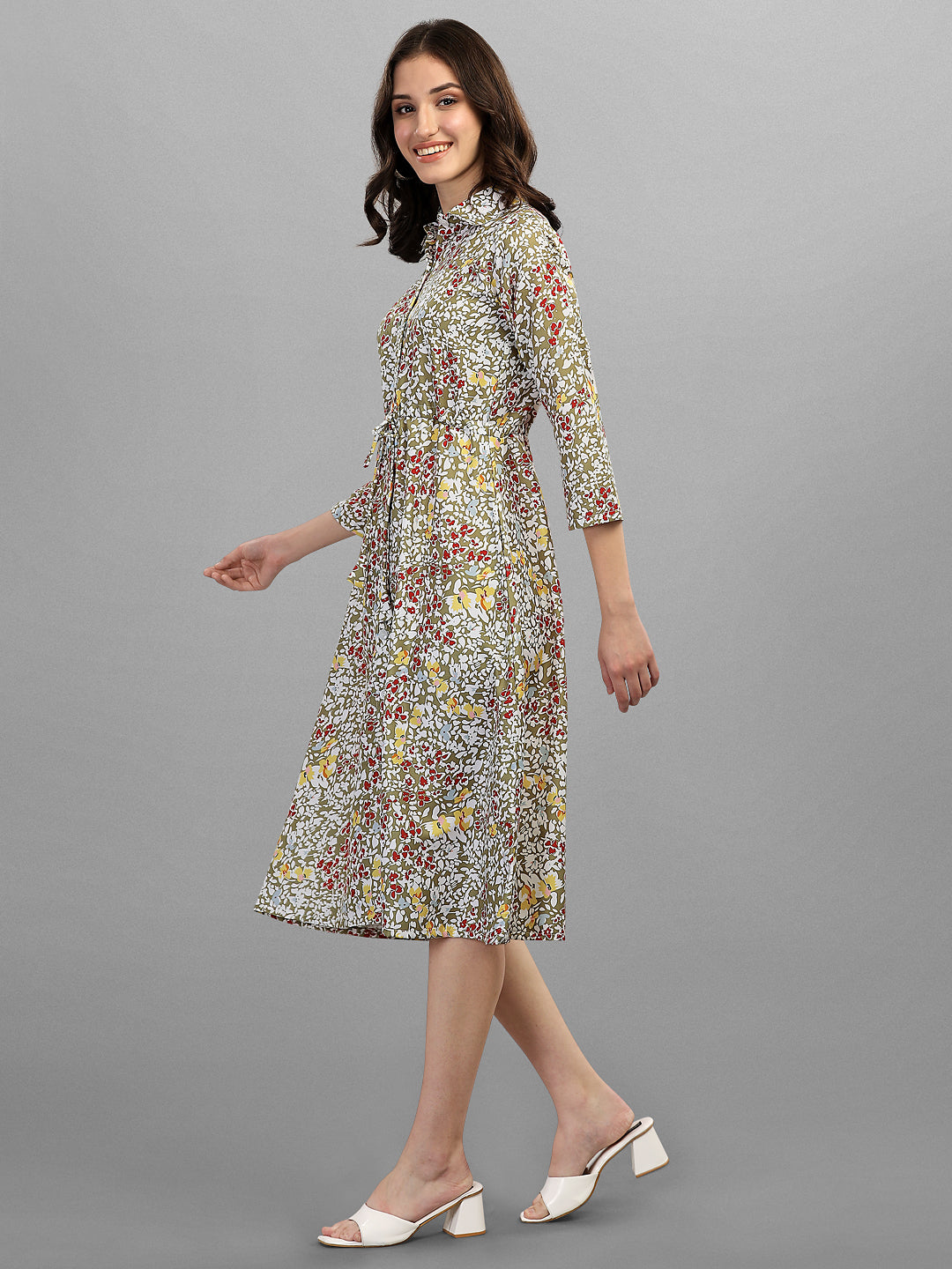 FLORAL PRINTED COLLAR MIDI DRESS - GREEN