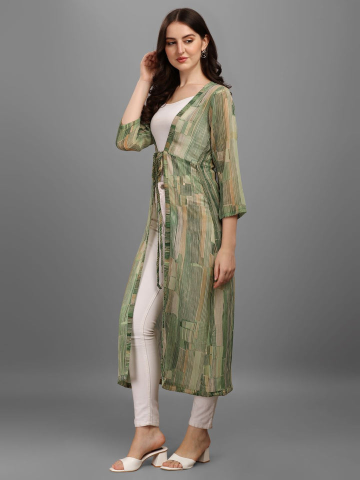 WOMEN PRINTED LONGLINE TIE-UP SHRUG - GREEN