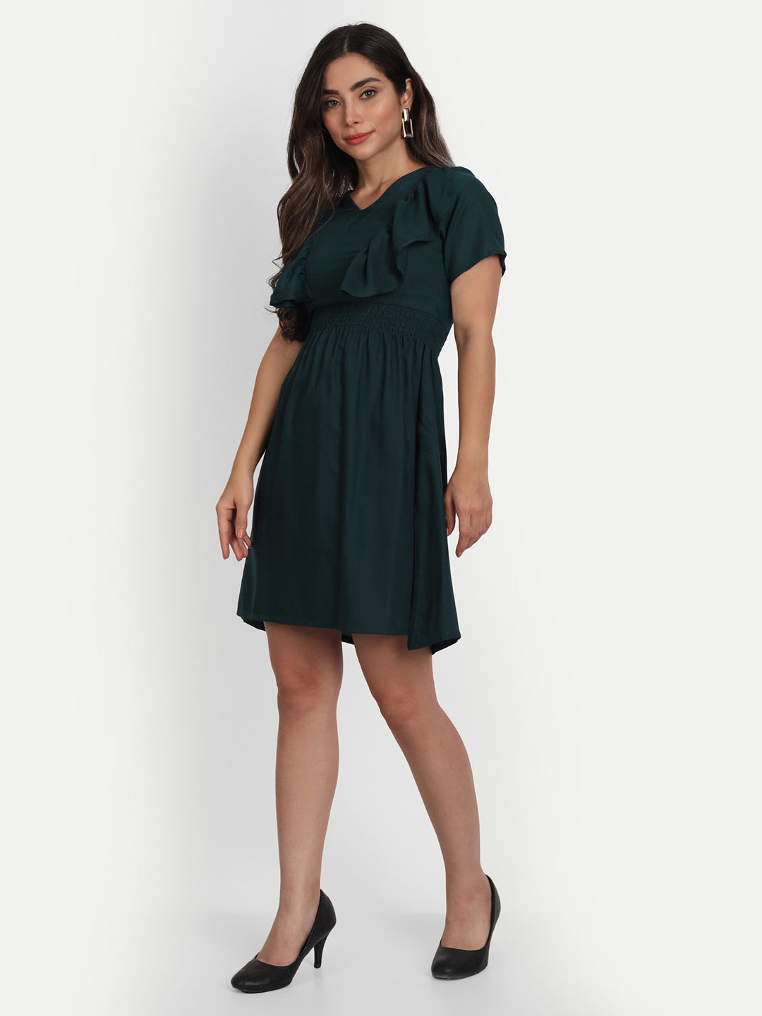 SOLID SHORT DRESS WITH RUFFLE-WINE