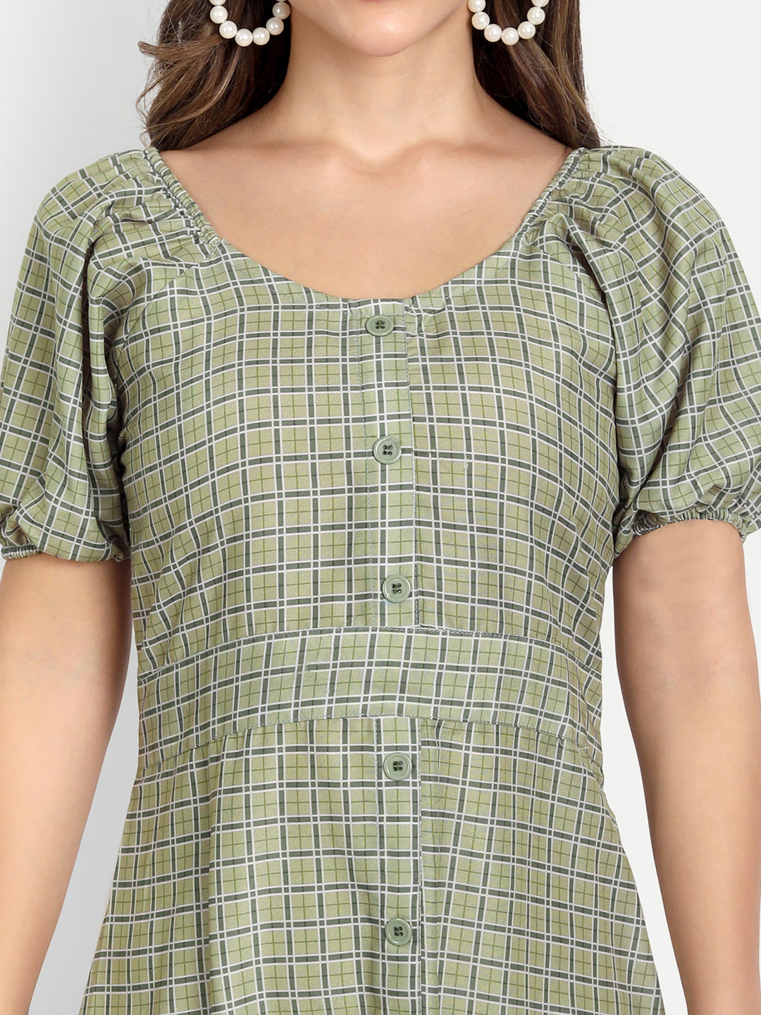 ELEGENT CHECKED AND BUTTONED DRESS - GREEN