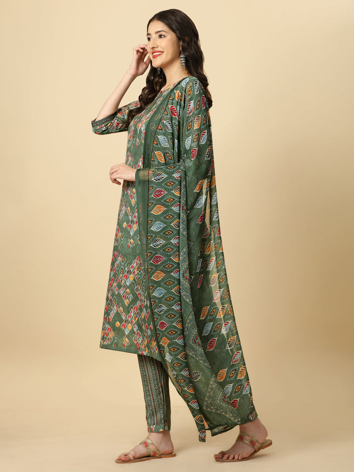 PRINTED KURTI PANT AND DUPATTA SET -PEACH