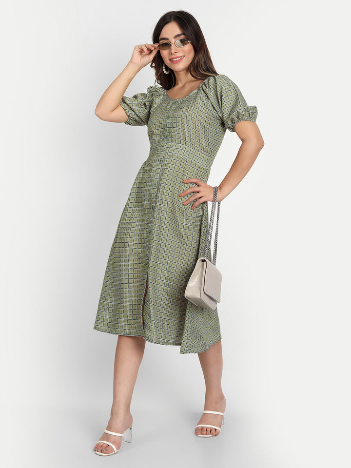 ELEGENT CHECKED AND BUTTONED DRESS - BEIGE