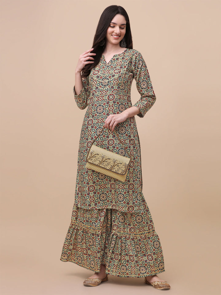 MULTI COLOR PRINTED SHARARA KURTI SET-YELLOW