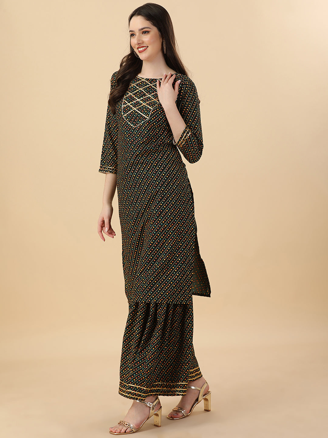 BANDHANI PRINTED SHARARA KURTI SET-YELLOW