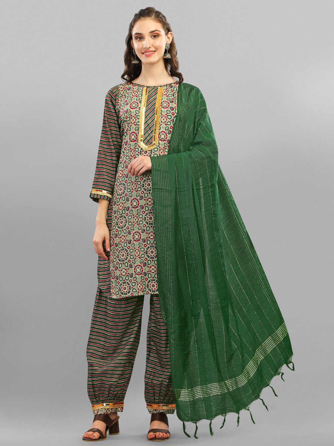 PRINTED KURTI, PANT & DUPATTA SET-GREEN