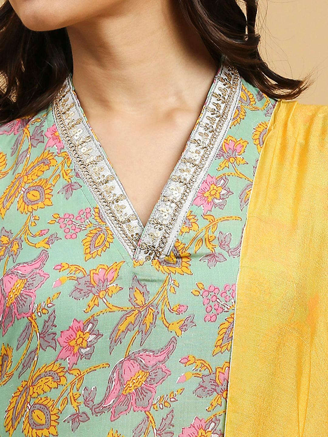 Embroidered Cotton Kurti, Pant, and Dupatta Set