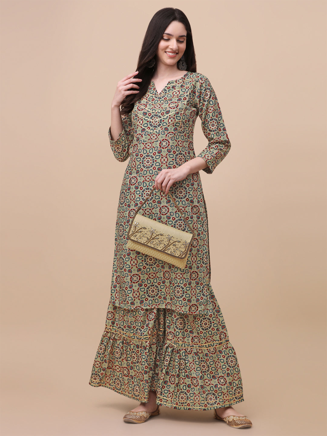 MULTI COLOR PRINTED SHARARA KURTI SET-GREEN