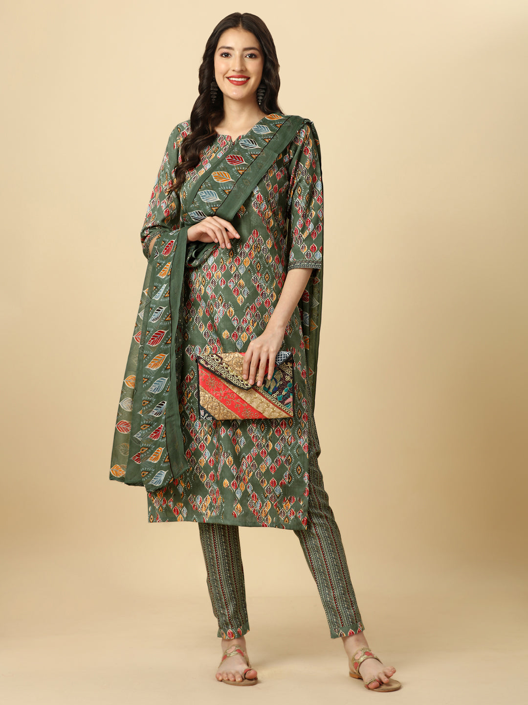 PRINTED KURTI PANT AND DUPATTA SET -RED