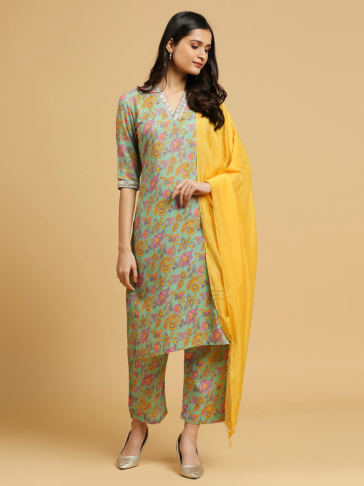 Embroidered Cotton Kurti, Pant, and Dupatta Set