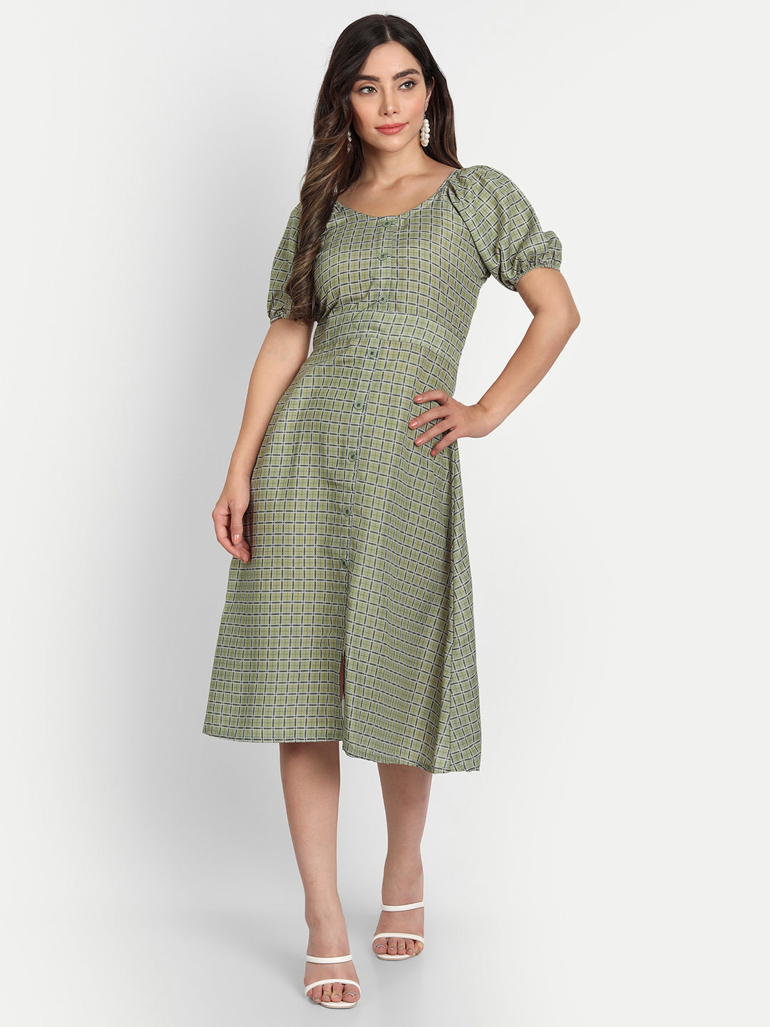 ELEGENT CHECKED AND BUTTONED DRESS - SKY BLUE